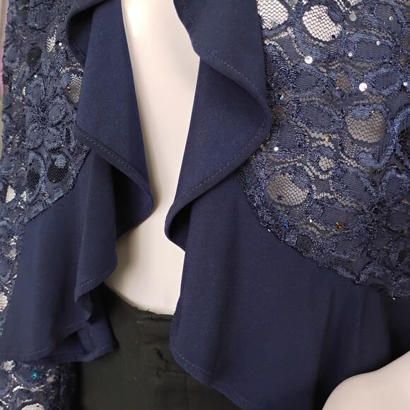 R&M Lace Sequins Open Cardigan Size Small Dark Blue Long Sleeve Ruffle - Picture 9 of 9
